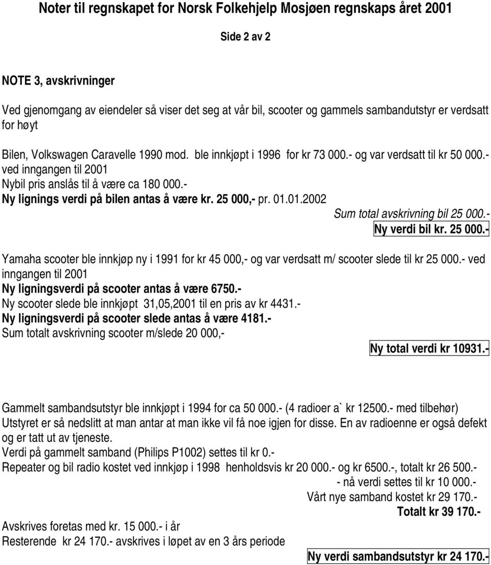 - Ny lignings verdi på bilen antas å være kr. 25 000,- pr. 01.01.2002 Sum total avskrivning bil 25 000.- Ny verdi bil kr. 25 000.- Yamaha scooter ble innkjøp ny i 1991 for kr 45 000,- og var verdsatt m/ scooter slede til kr 25 000.