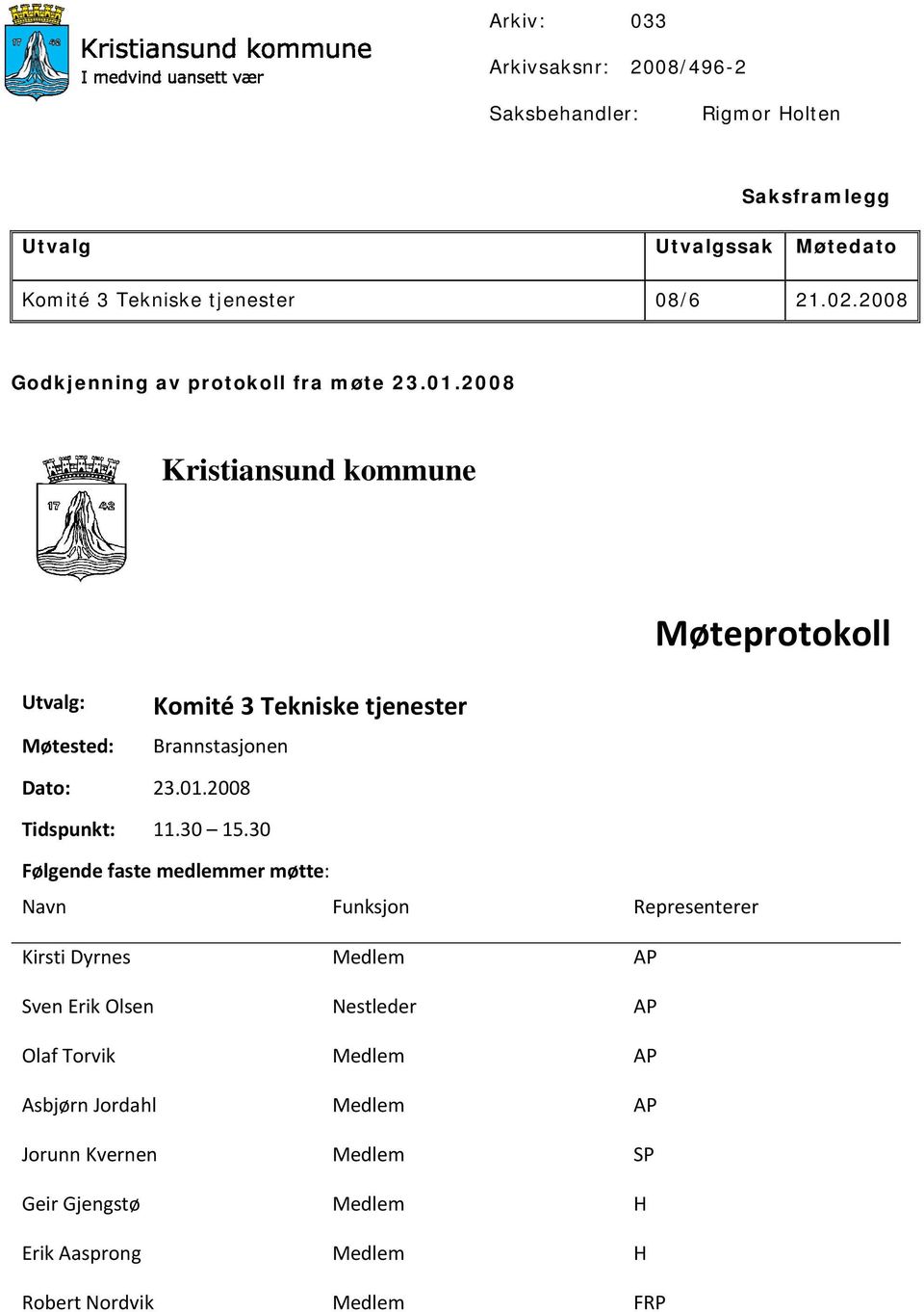 2008 Kristiansund kommune Møteprotokoll Utvalg: Møtested: Komité 3 Tekniske tjenester Brannstasjonen Dato: 23.01.2008 Tidspunkt: 11.30 15.