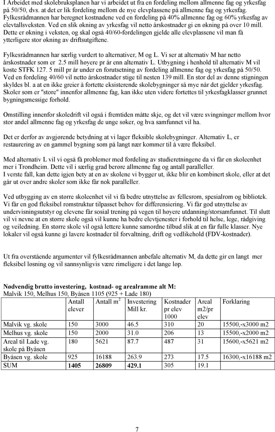 Dette er økning i veksten, og skal også 40/60-fordelingen gjelde alle elevplassene vil man få ytterligere stor økning av driftsutgiftene. Fylkesrådmannen har særlig vurdert to alternativer, M og L.