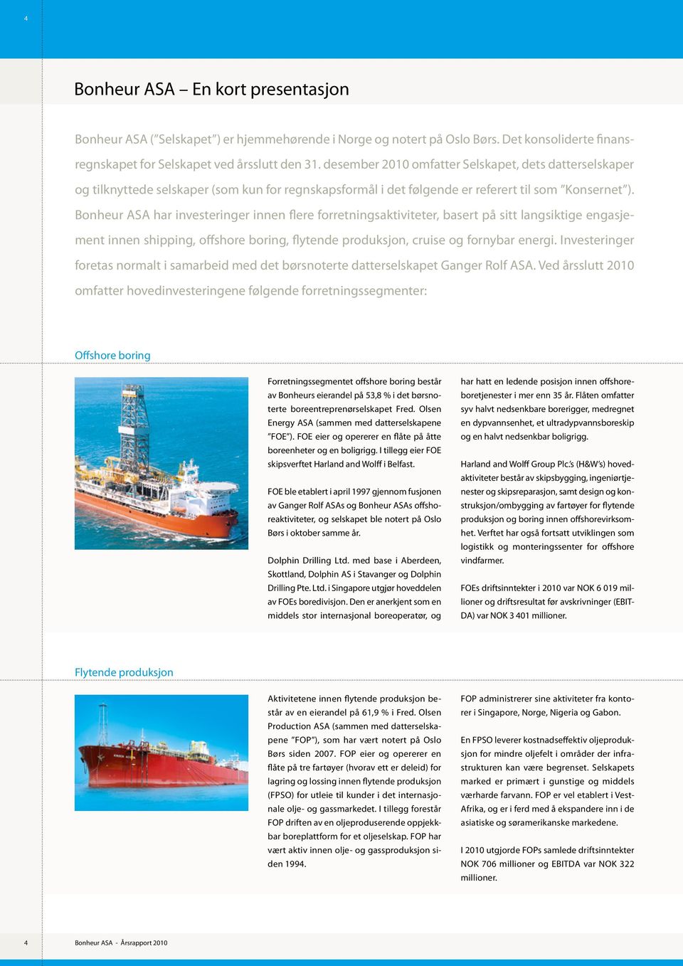 Bonheur ASA har investeringer innen flere forretningsaktiviteter, basert på sitt langsiktige engasjement innen shipping, offshore boring, flytende produksjon, cruise og fornybar energi.
