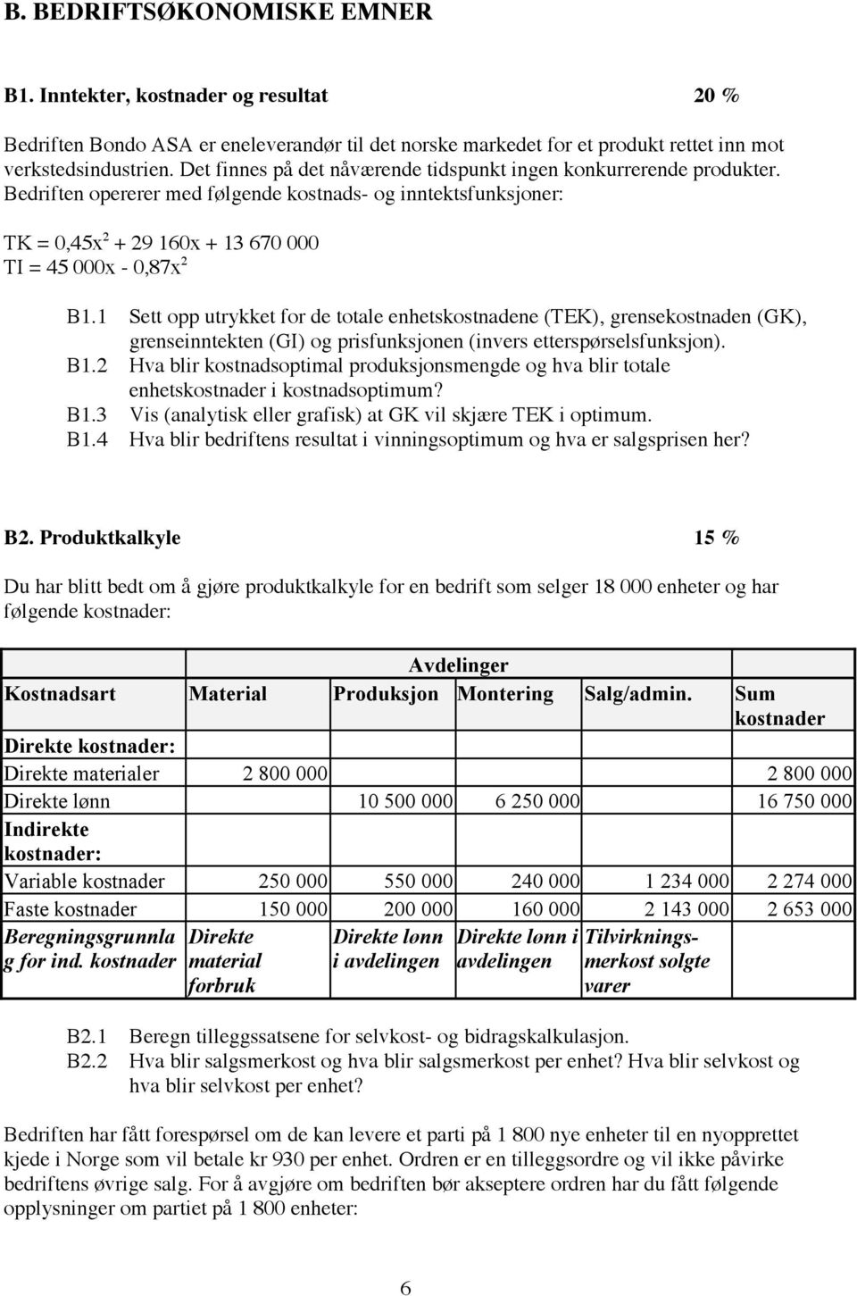 1 Sett opp utrykket for de totale enhetskostnadene (TEK), grensekostnaden (GK), grenseinntekten (GI) og prisfunksjonen (invers etterspørselsfunksjon). B1.