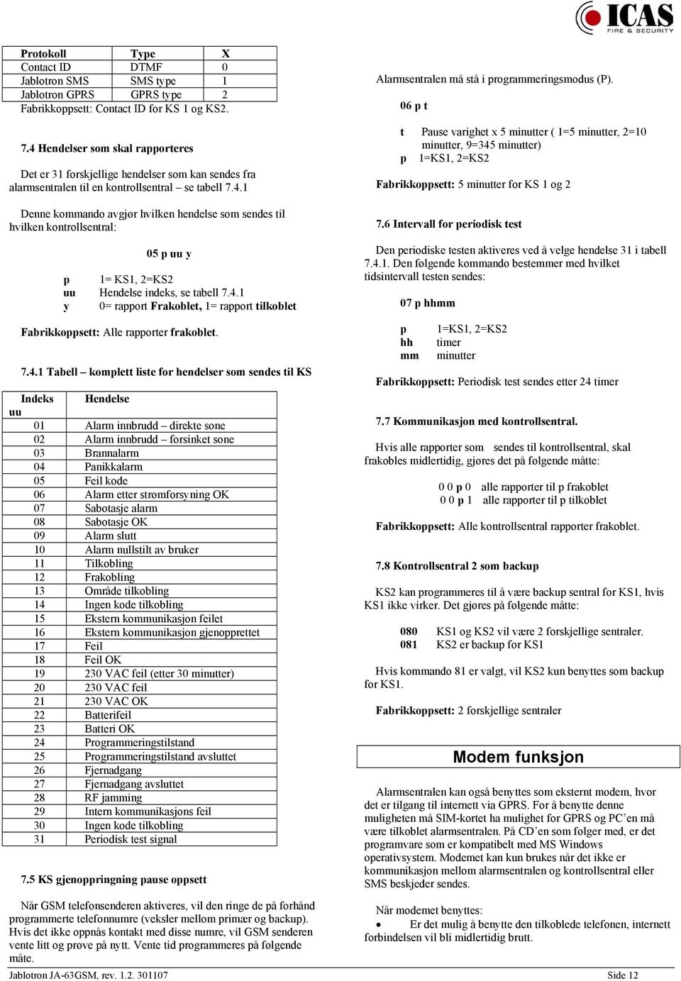 4.1 y 0= rapport Frakoblet, 1= rapport tilkoblet Alarmsentralen må stå i programmeringsmodus (P).