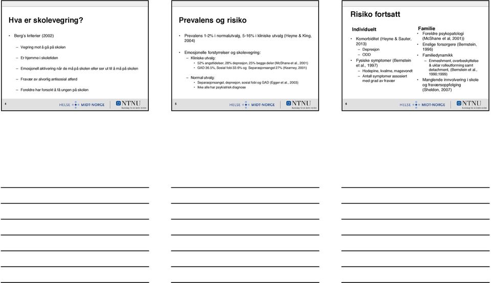forsøkt å få ungen på skolen Prevalens og risiko Prevalens 1-2% i normalutvalg, 5-16% i kliniske utvalg (Heyne & King, 2004) Emosjonelle forstyrrelser og skolevegring: Kliniske utvalg: 52%