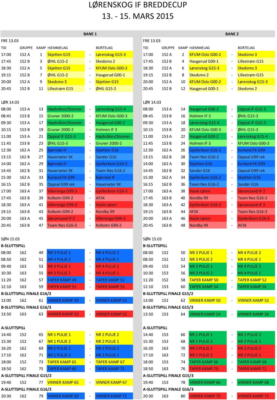 17:45 152 B 4 Haugerud G00-1 - Lillestrøm G15 18:30 152 A 5 Skjetten G15 - KFUM Oslo G00-2 18:30 152 A 6 Lørenskog G15-3 - Skedsmo 3 19:15 152 B 7 ØHIL G15-2 - Haugerud G00-1 19:15 152 B 8 Skedsmo 2