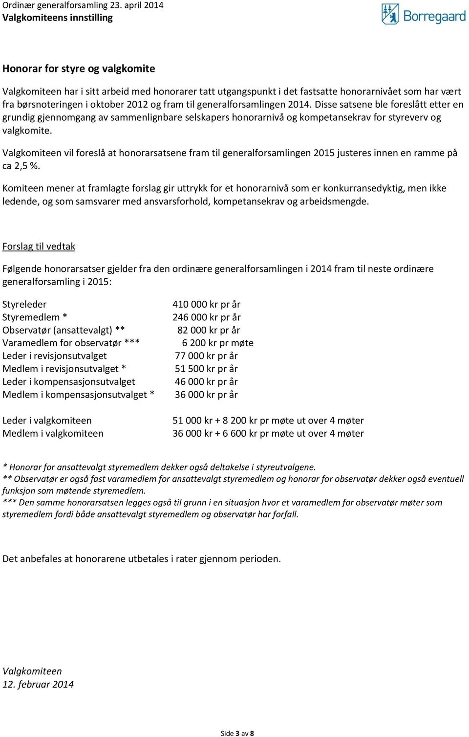 Valgkomiteen vil foreslå at honorarsatsene fram til generalforsamlingen 2015 justeres innen en ramme på ca 2,5 %.