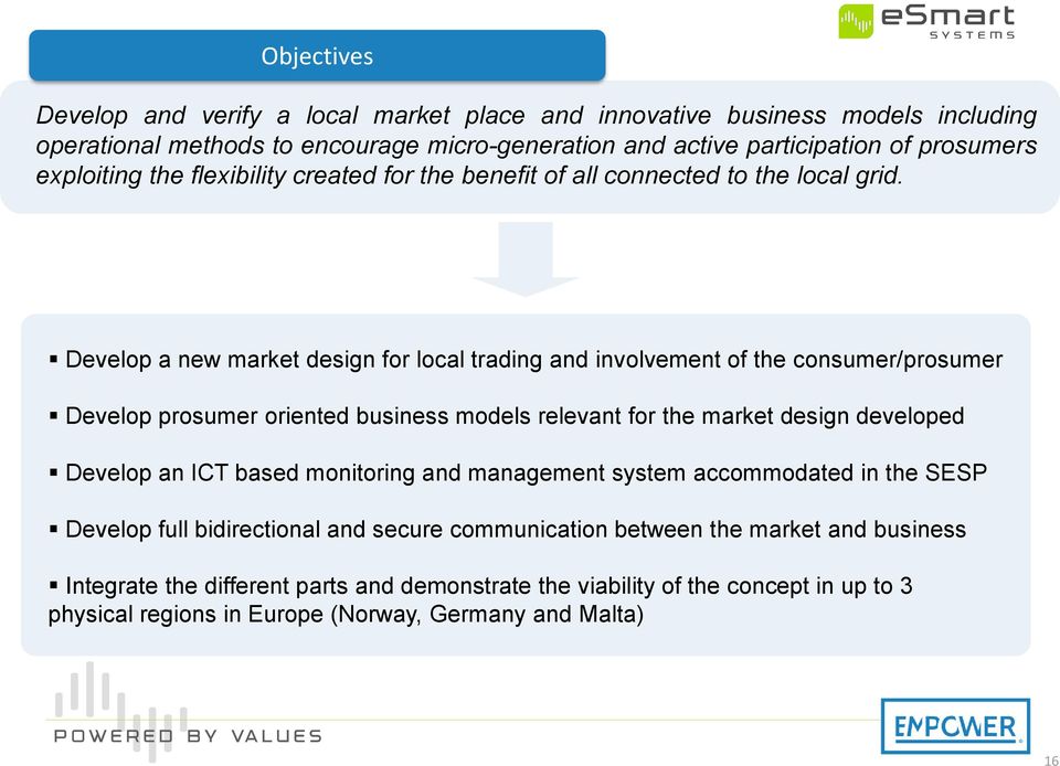 Develop a new market design for local trading and involvement of the consumer/prosumer Develop prosumer oriented business models relevant for the market design developed Develop an ICT