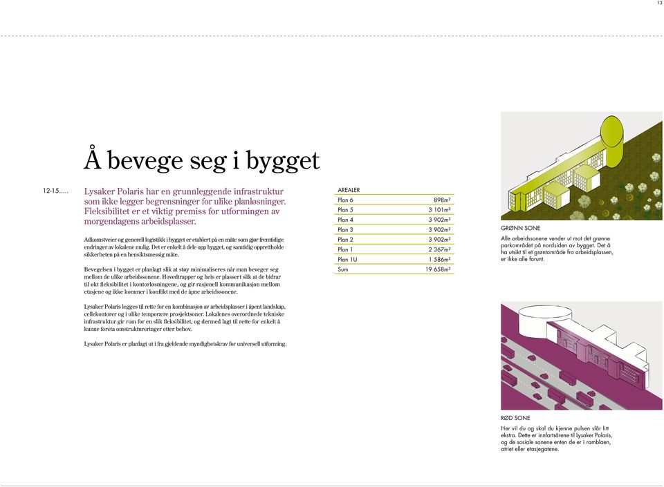 Arealer Plan 6 898m² Plan 5 3 101m² Plan 4 3 902m² Plan 3 3 902m² GRØNN SONE Adkomstveier og generell logistikk i bygget er etablert på en måte som gjør fremtidige endringer av lokalene mulig.