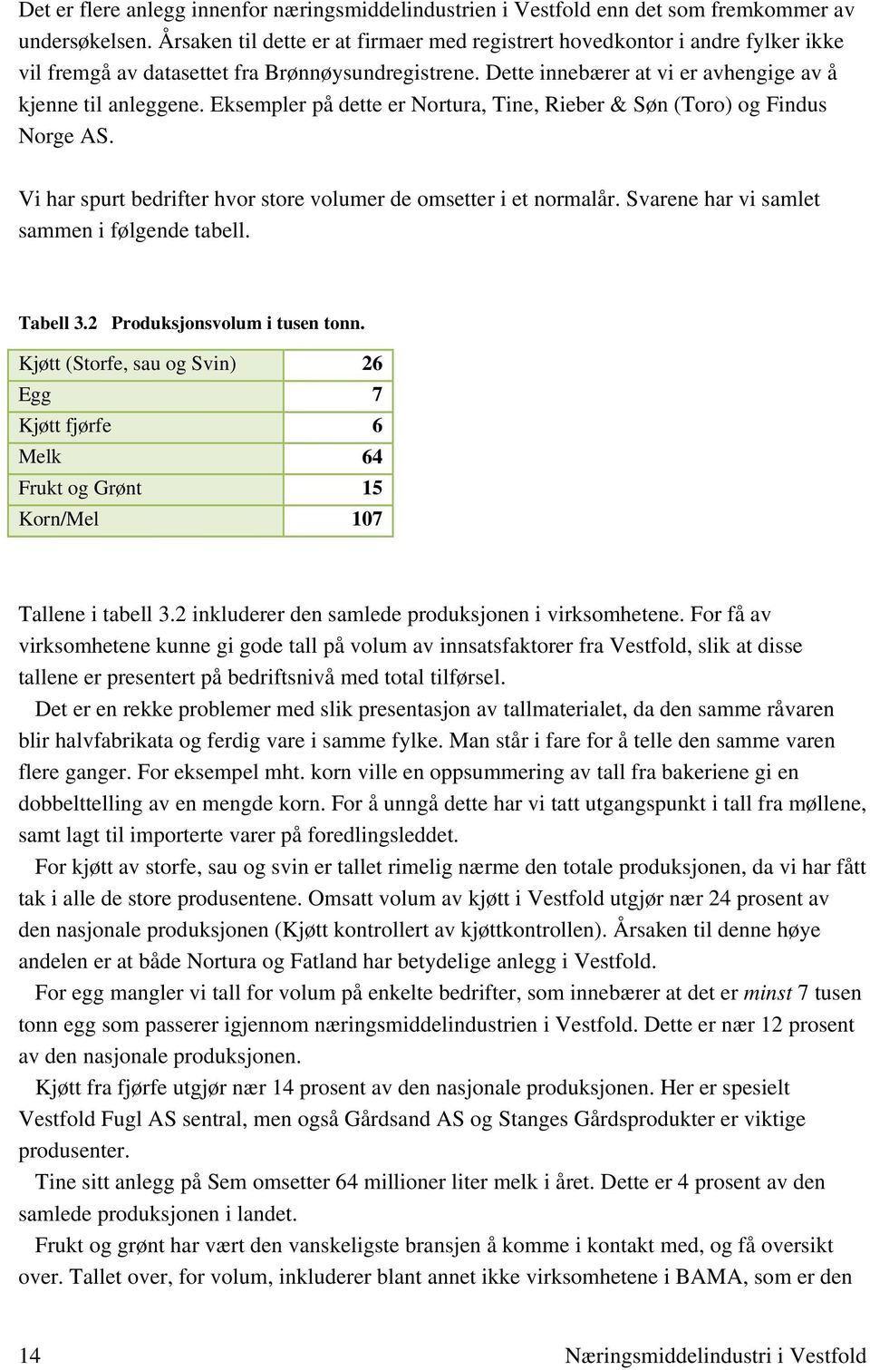 Eksempler på dette er Nortura, Tine, Rieber & Søn (Toro) og Findus Norge AS. Vi har spurt bedrifter hvor store volumer de omsetter i et normalår. Svarene har vi samlet sammen i følgende tabell.