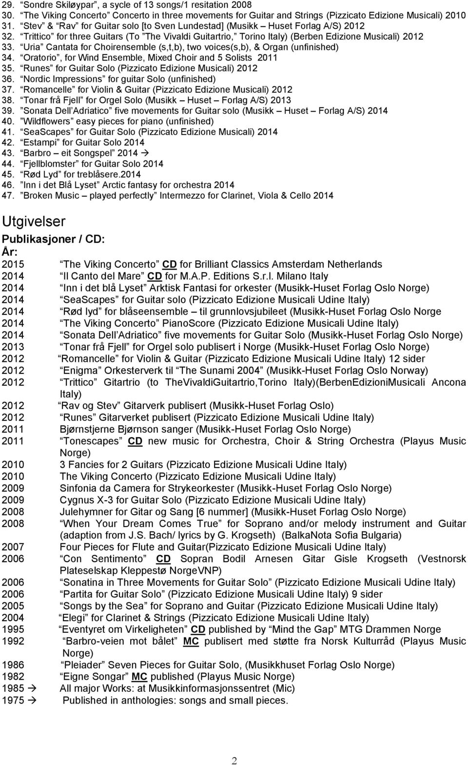 Uria Cantata for Choirensemble (s,t,b), two voices(s,b), & Organ (unfinished) 34. Oratorio, for Wind Ensemble, Mixed Choir and 5 Solists 2011 35.