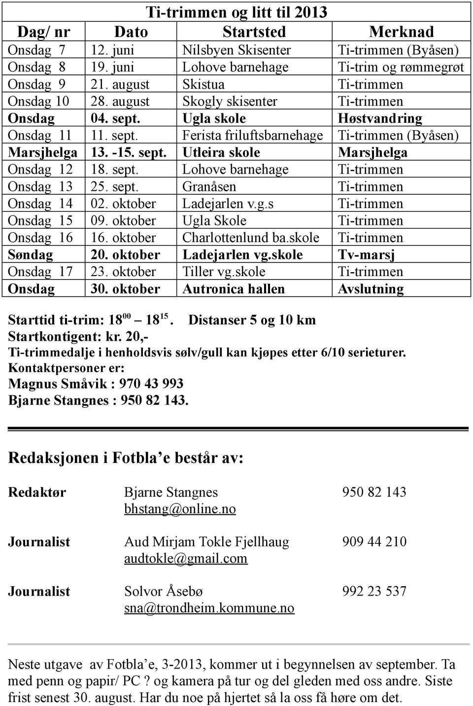 -15. sept. Marsjhelga Onsdag 12 18. sept. Lohove barnehage Ti-trimmen Onsdag 13 25. sept. Granåsen Ti-trimmen Onsdag 14 02. oktober Ladejarlen v.g.s Ti-trimmen Onsdag 15 09.