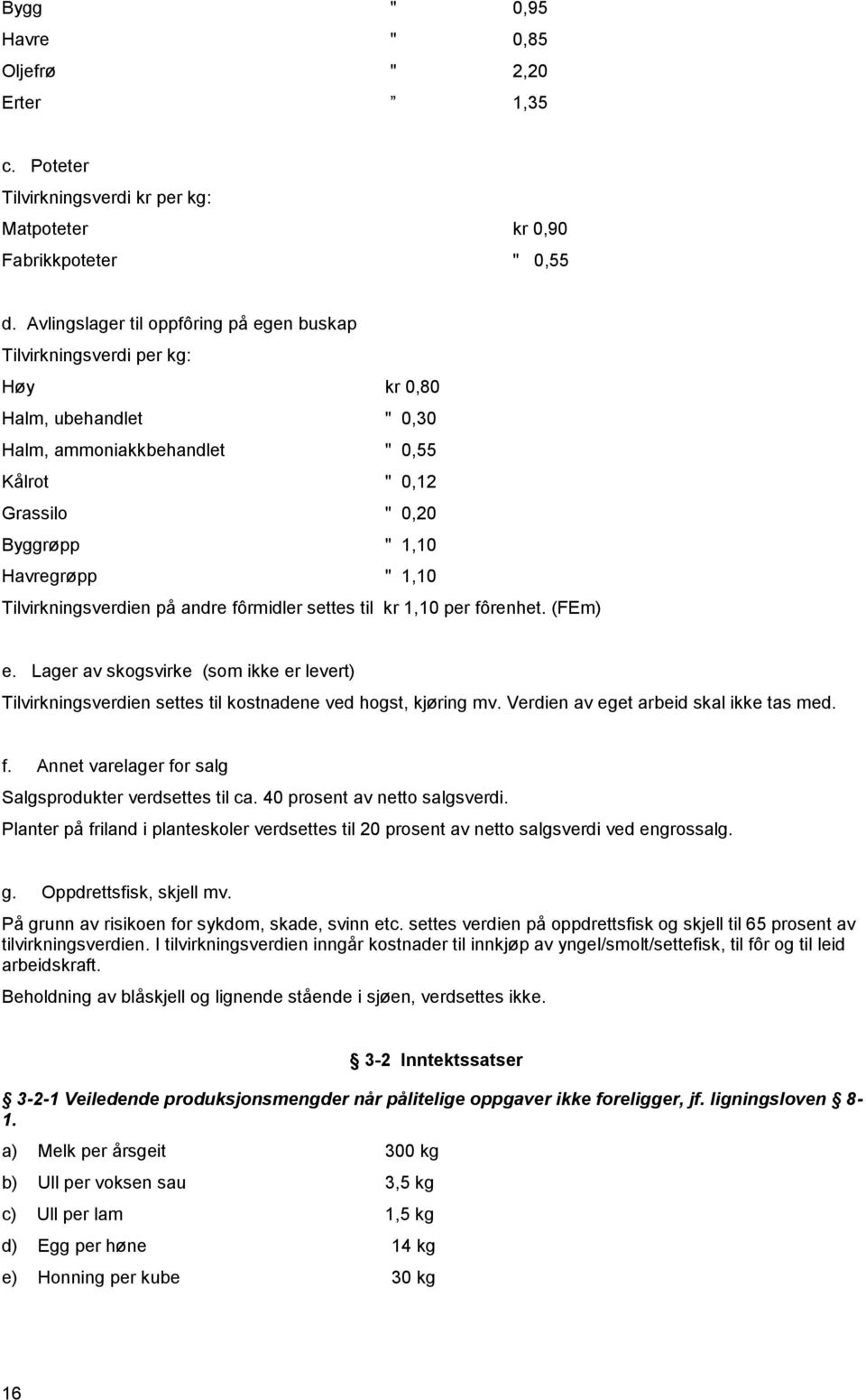 Tilvirkningsverdien på andre fôrmidler settes til kr 1,10 per fôrenhet. (FEm) e. Lager av skogsvirke (som ikke er levert) Tilvirkningsverdien settes til kostnadene ved hogst, kjøring mv.