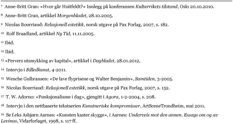 13 «Pervers utsmykking av kapital», artikkel i Dagbladet, 28.01.2012, 14 Intervju i Billedkunst, 4-2011. 15 Wenche Gulbransen: «De lave flyprisene og Walter Benjamin», Samtiden, 3-2005.