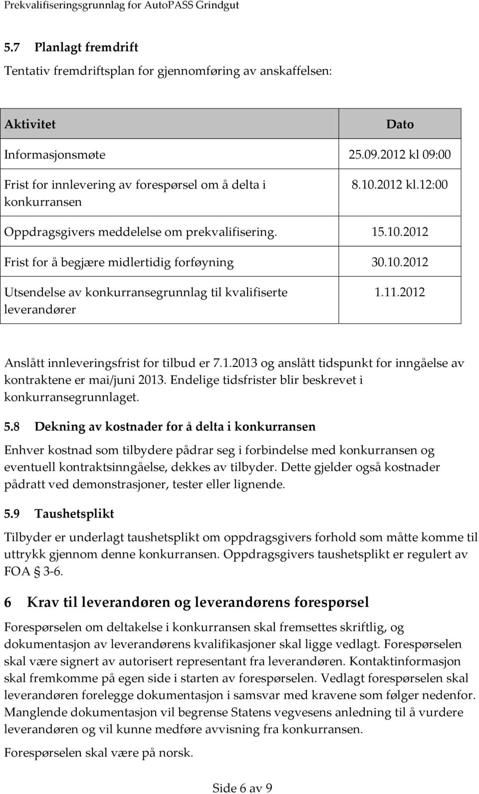 2012 Anslått innleveringsfrist for tilbud er 7.1.2013 og anslått tidspunkt for inngåelse av kontraktene er mai/juni 2013. Endelige tidsfrister blir beskrevet i konkurransegrunnlaget. 5.