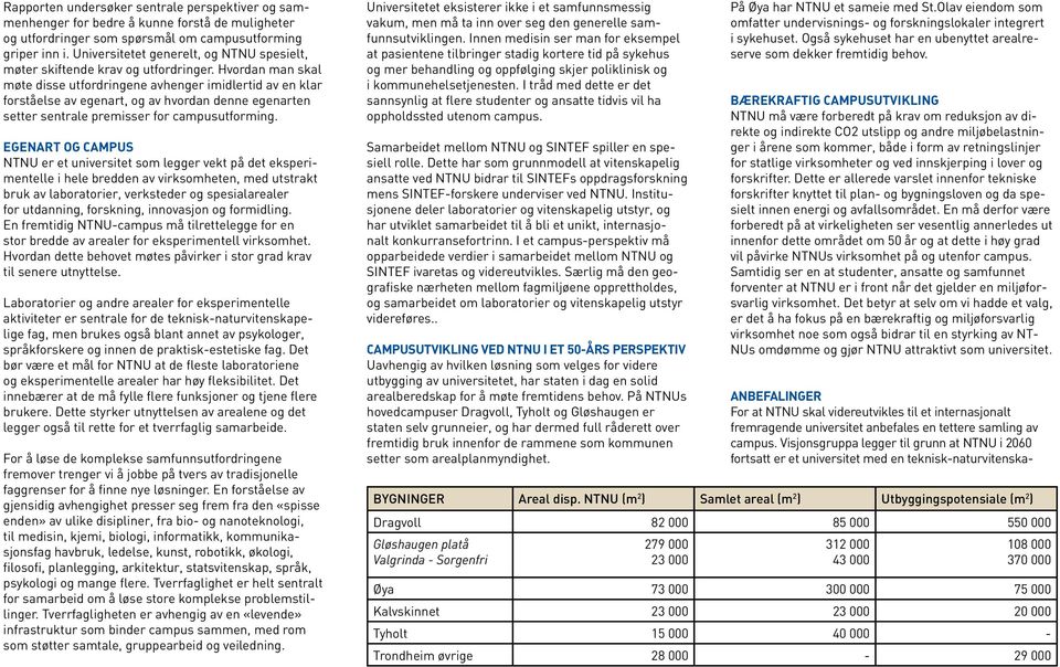 Hvordan man skal møte disse utfordringene avhenger imidlertid av en klar forståelse av egenart, og av hvordan denne egenarten setter sentrale premisser for campusutforming.