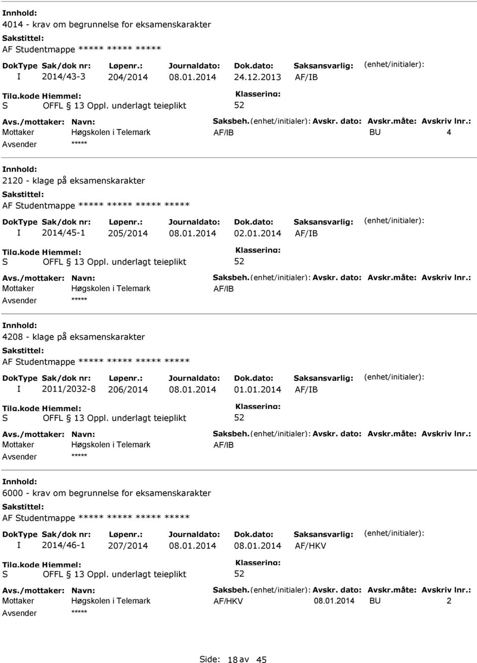 : AF/B nnhold: 4208 - klage på eksamenskarakter AF tudentmappe ***** ***** ***** ***** 2011/2032-8 206/2014 01.01.2014 AF/B Avs./mottaker: Navn: aksbeh. Avskr. dato: Avskr.måte: Avskriv lnr.