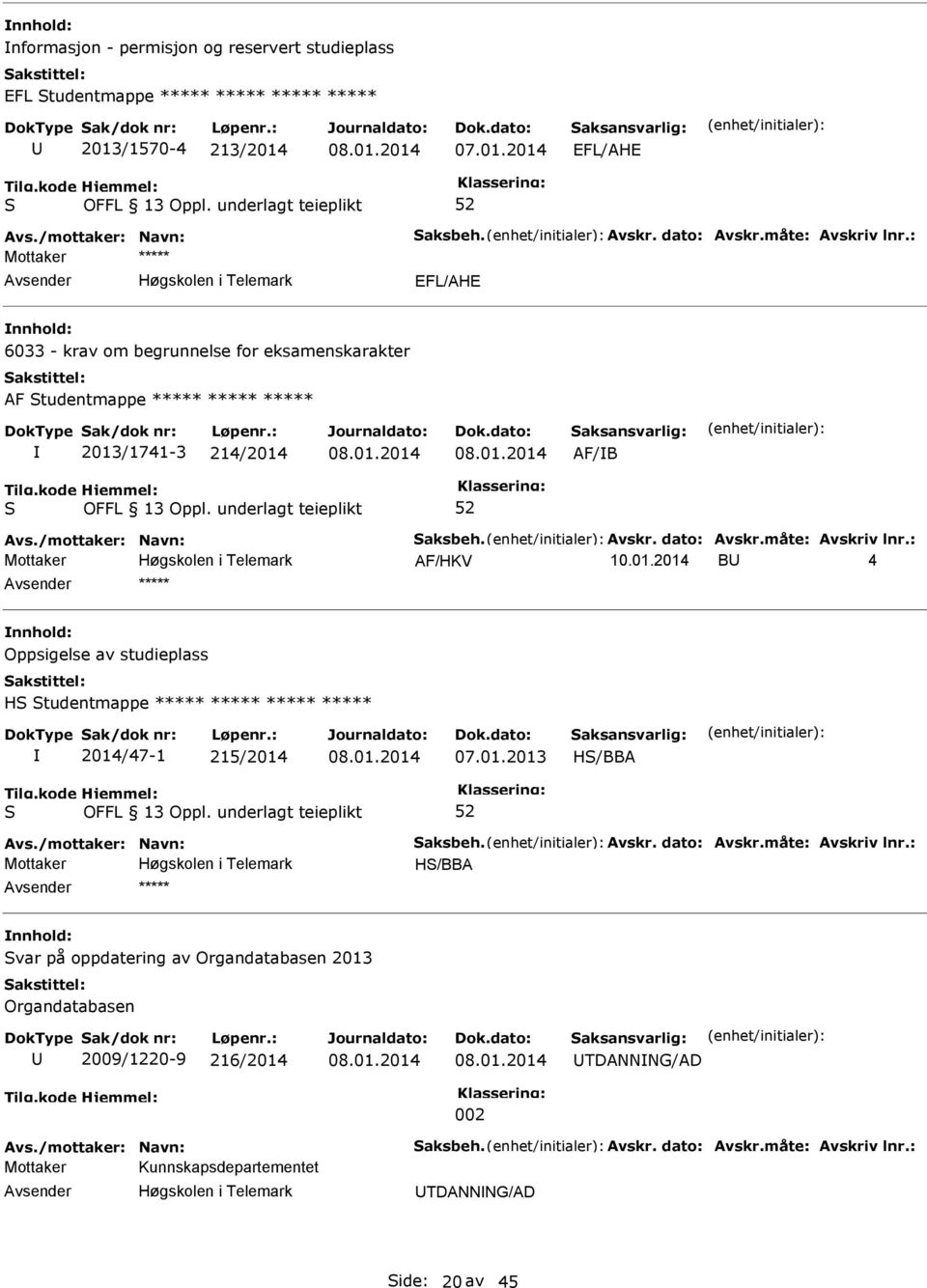 : B 4 nnhold: Oppsigelse av studieplass H tudentmappe ***** ***** ***** ***** 2014/47-1 215/2014 07.01.2013 H/BBA Avs./mottaker: Navn: aksbeh. Avskr. dato: Avskr.måte: Avskriv lnr.