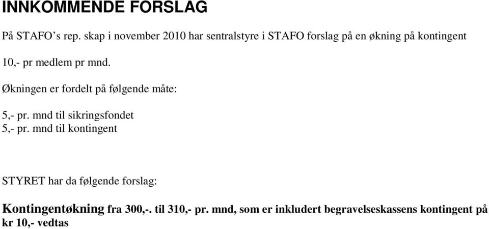 medlem pr mnd. Økningen er fordelt på følgende måte: 5,- pr. mnd til sikringsfondet 5,- pr.