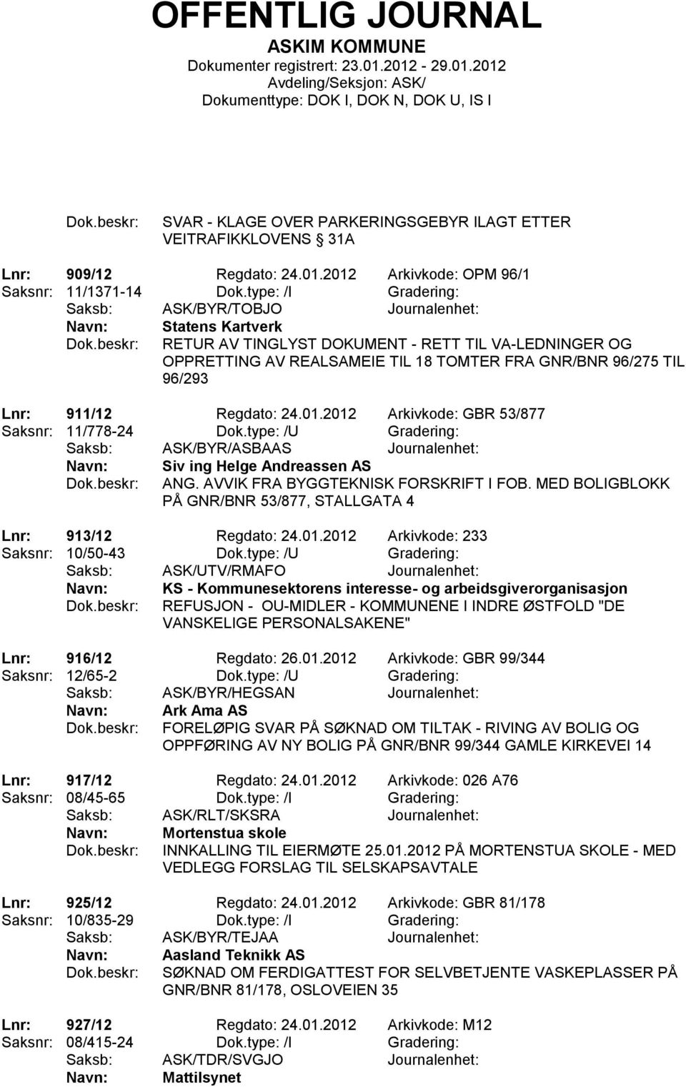 911/12 Regdato: 24.01.2012 Arkivkode: GBR 53/877 Saksnr: 11/778-24 Dok.type: /U Gradering: Saksb: ASK/BYR/ASBAAS Journalenhet: Siv ing Helge Andreassen AS ANG. AVVIK FRA BYGGTEKNISK FORSKRIFT I FOB.