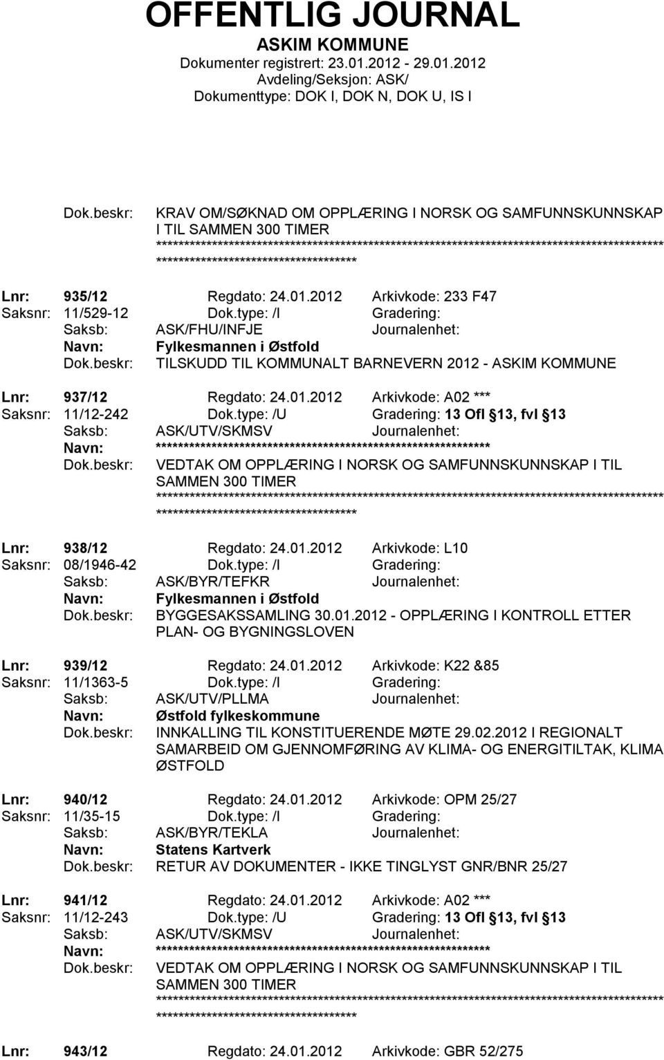 type: /U Gradering: 13 Ofl 13, fvl 13 Saksb: ASK/UTV/SKMSV Journalenhet: VEDTAK OM OPPLÆRING I NORSK OG SAMFUNNSKUNNSKAP I TIL SAMMEN 300 TIMER Lnr: 938/12 Regdato: 24.01.