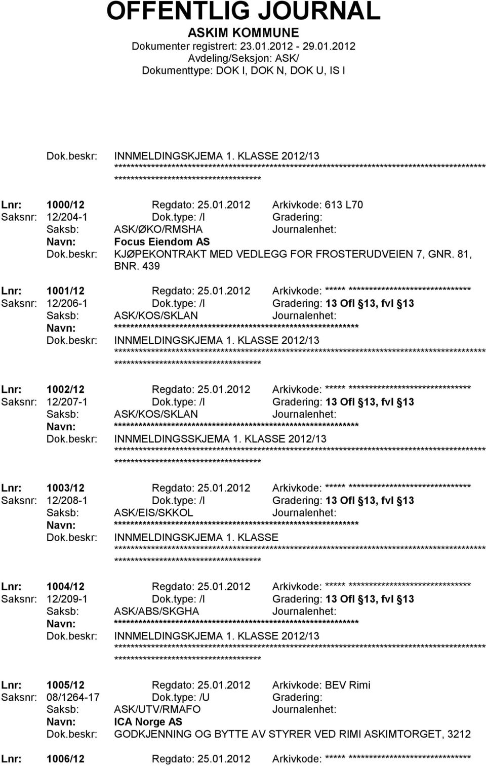 12 Regdato: 25.01.2012 Arkivkode: ***** ****************************** Saksnr: 12/206-1 Dok.type: /I Gradering: 13 Ofl 13, fvl 13 INNMELDINGSKJEMA 1. KLASSE 2012/13 Lnr: 1002/12 Regdato: 25.01.2012 Arkivkode: ***** ****************************** Saksnr: 12/207-1 Dok.