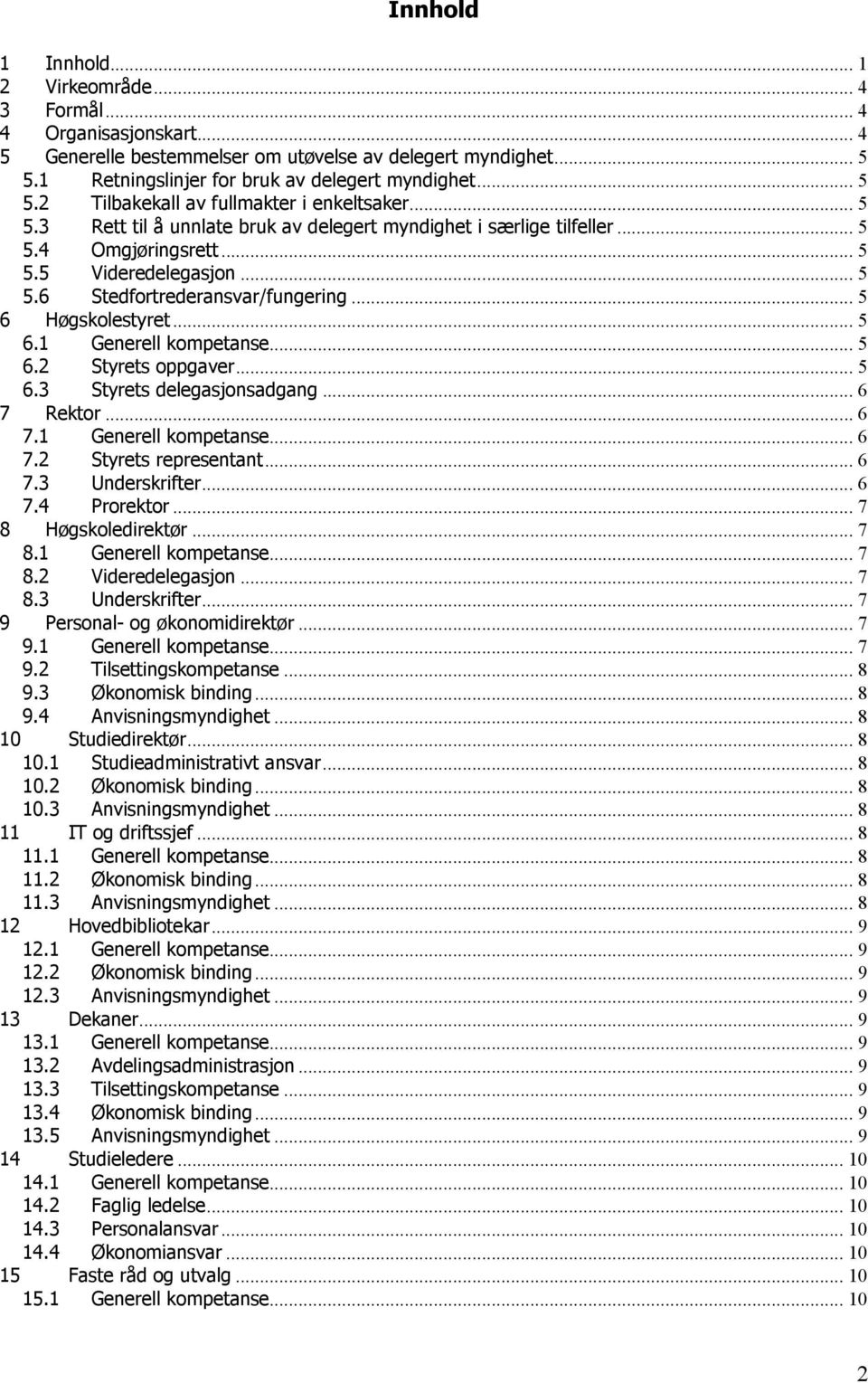 .. 5 6.2 Styrets oppgaver... 5 6.3 Styrets delegasjonsadgang... 6 7 Rektor... 6 7.1 Generell kompetanse... 6 7.2 Styrets representant... 6 7.3 Underskrifter... 6 7.4 Prorektor... 7 8 Høgskoledirektør.