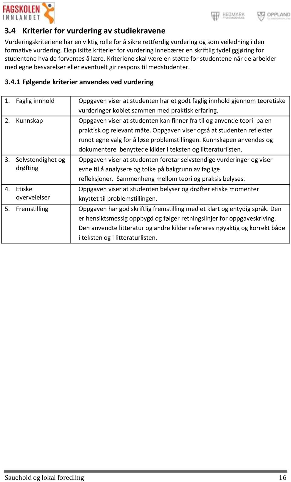 Kriteriene skal være en støtte for studentene når de arbeider med egne besvarelser eller eventuelt gir respons til medstudenter. 3.4.1 Følgende kriterier anvendes ved vurdering 1.