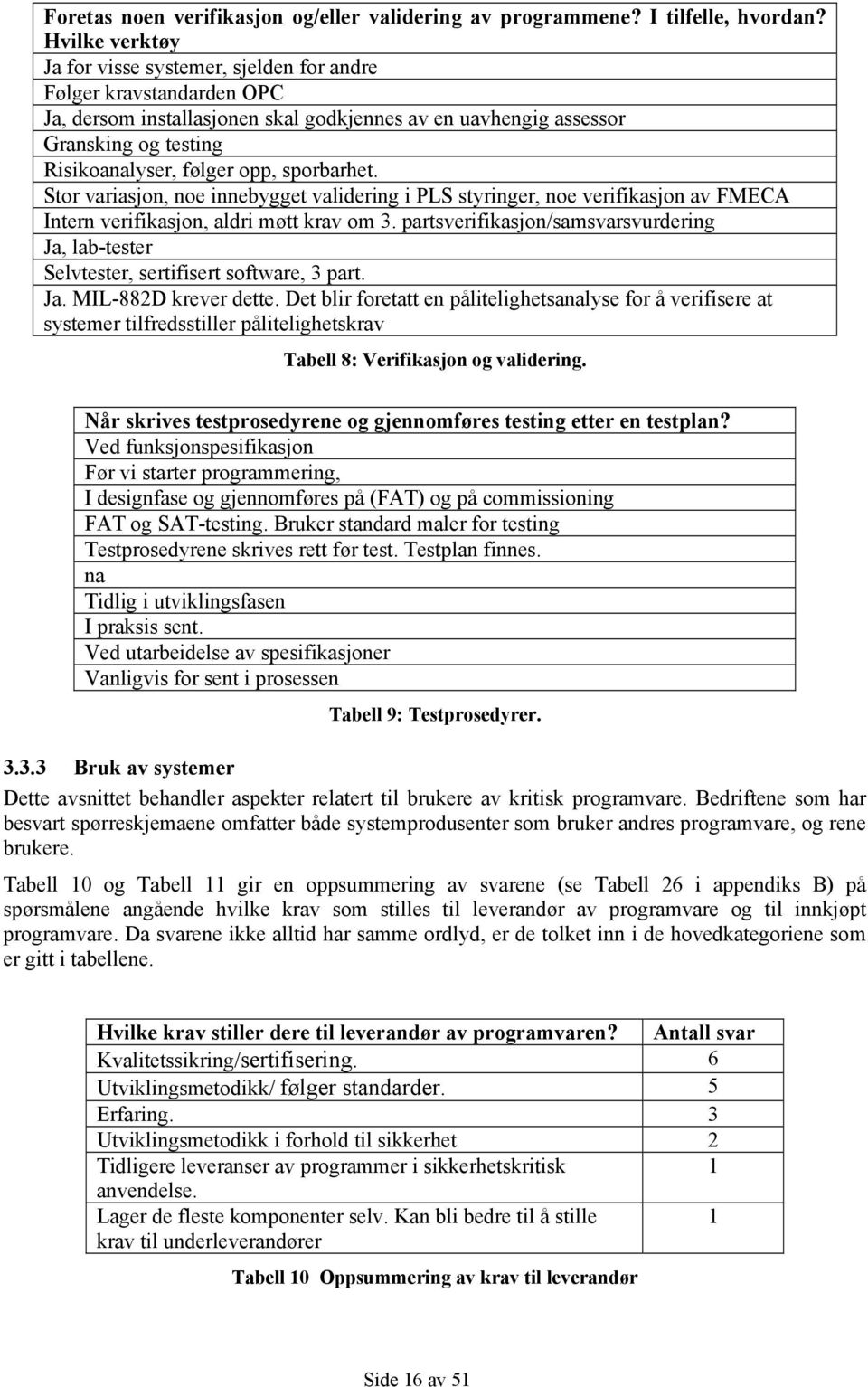 sporbarhet. Stor variasjon, noe innebygget validering i PLS styringer, noe verifikasjon av FMECA Intern verifikasjon, aldri møtt krav om 3.