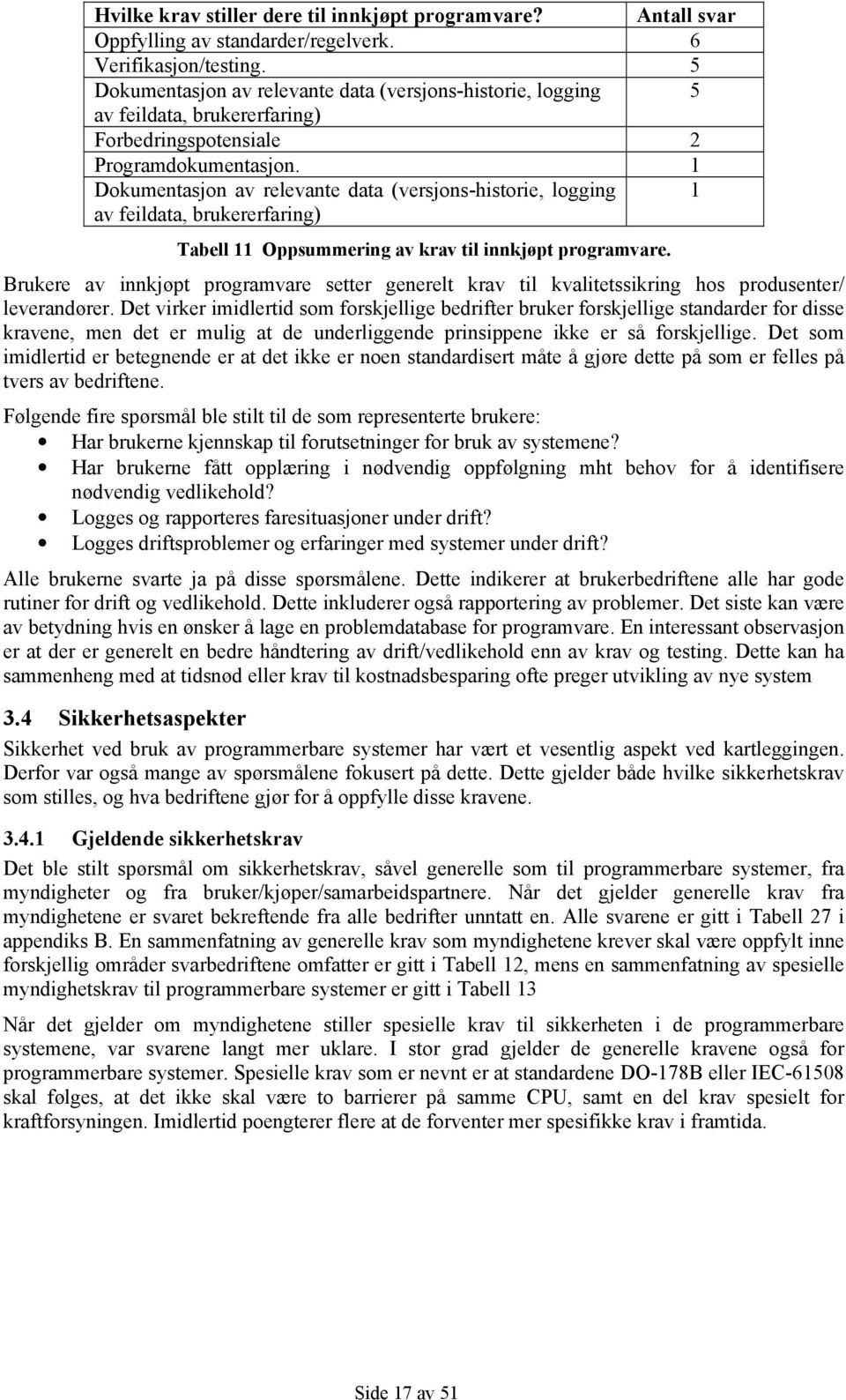 1 Dokumentasjon av relevante data (versjons-historie, logging 1 av feildata, brukererfaring) Tabell 11 Oppsummering av krav til innkjøpt programvare.