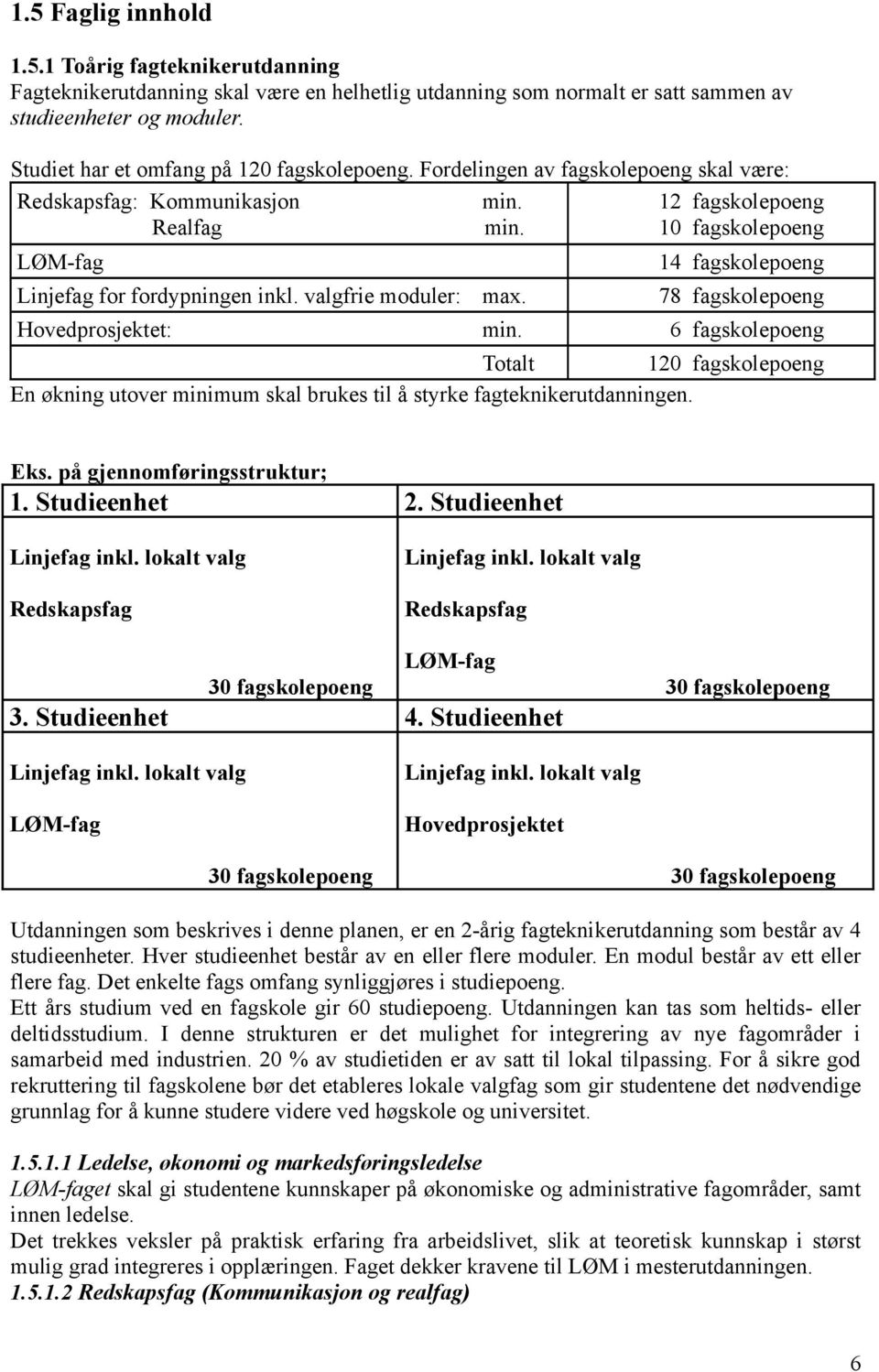 10 fagskolepoeng LØM-fag 14 fagskolepoeng Linjefag for fordypningen inkl. valgfrie moduler: max. 78 fagskolepoeng Hovedprosjektet: min.