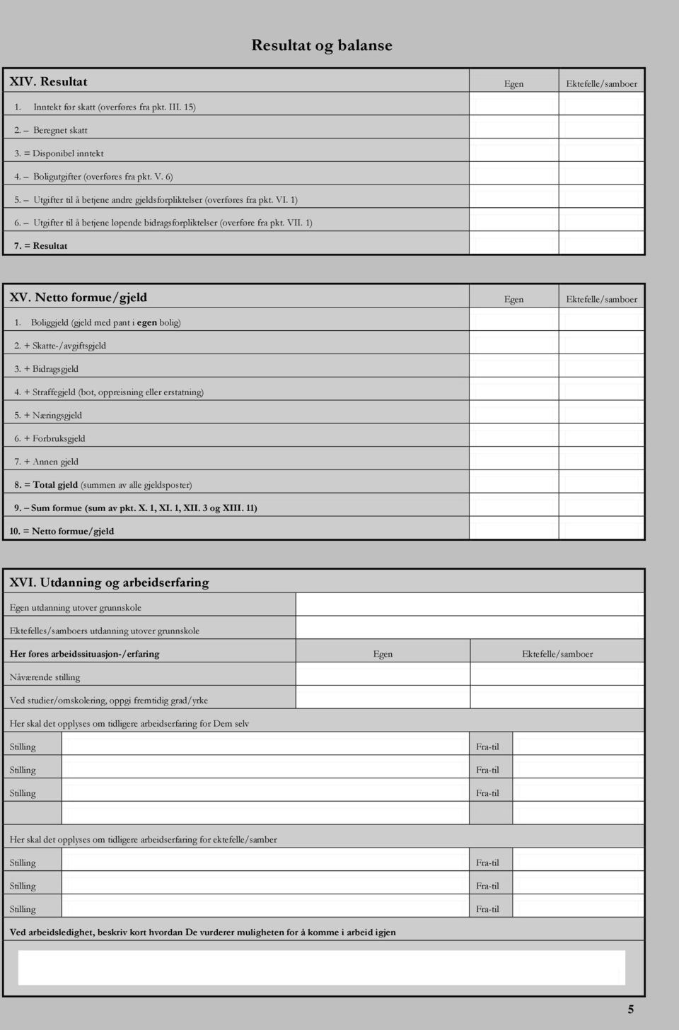 Netto formue/gjeld Egen Ektefelle/samboer 1. Boliggjeld (gjeld med pant i egen bolig) 2. + Skatte-/avgiftsgjeld 3. + Bidragsgjeld 4. + Straffegjeld (bot, oppreisning eller erstatning) 5.