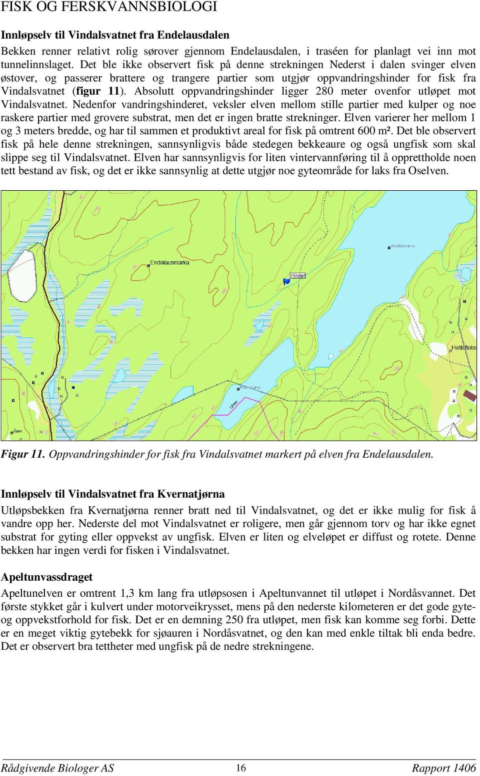 Absolutt oppvandringshinder ligger 280 meter ovenfor utløpet mot Vindalsvatnet.