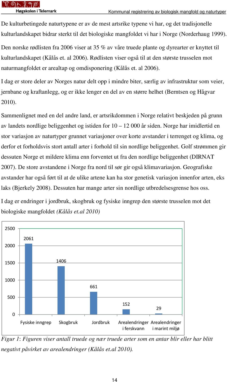 Rødlisten viser også til at den største trusselen mot naturmangfoldet er arealtap og omdisponering (Kålås et. al 2006).