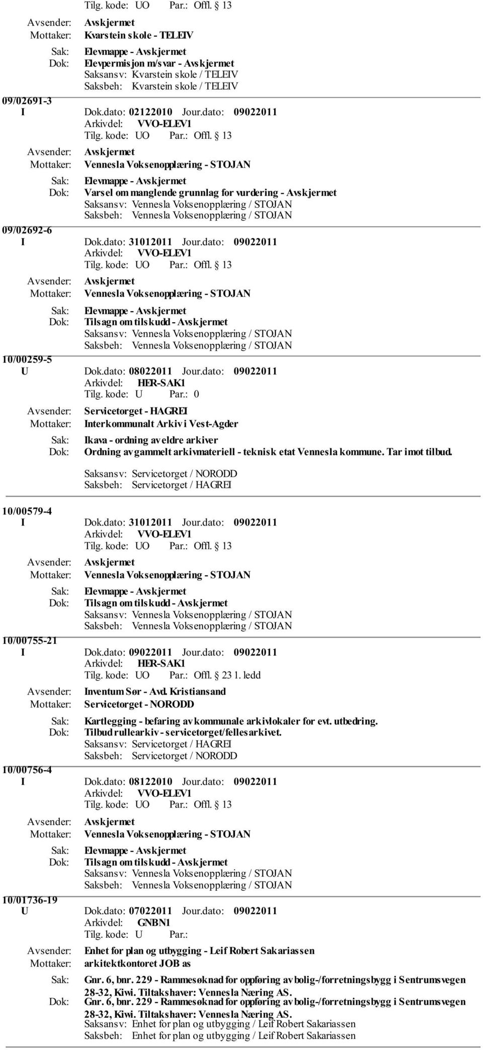 dato: Vennesla Voksenopplæring - STOJAN Elevmappe - Tilsagn om tilskudd - 10/00259-5 U Dok.dato: 08022011 Jour.