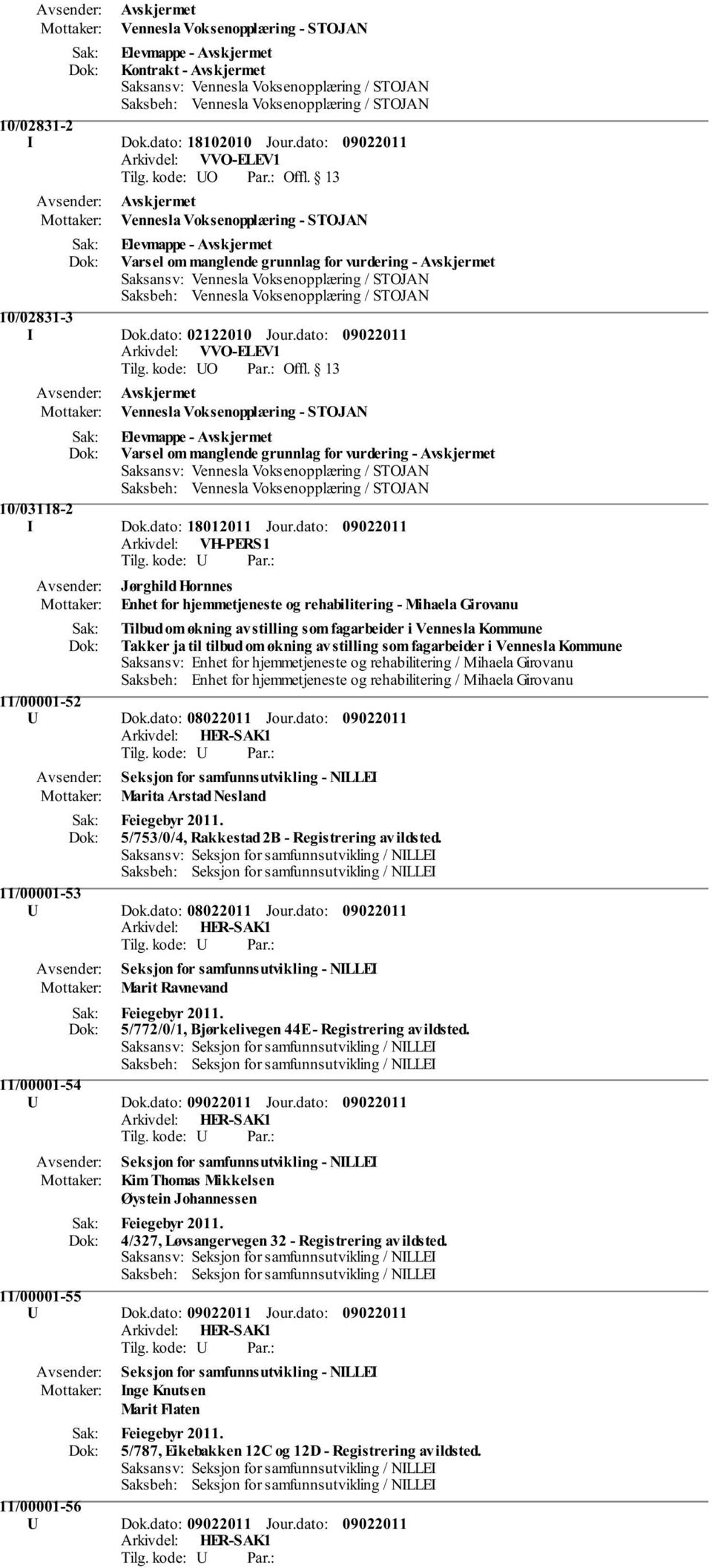 dato: Vennesla Voksenopplæring - STOJAN Elevmappe - Varsel om manglende grunnlag for vurdering - 10/03118-2 I Dok.dato: 18012011 Jour.