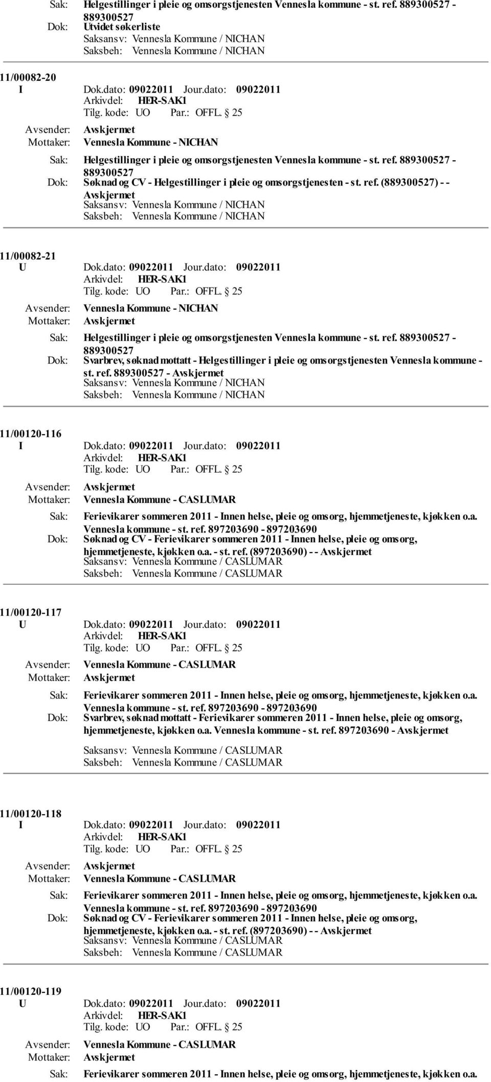 dato: Jour.dato: Vennesla Kommune - NICHAN Helgestillinger i pleie og omsorgstjenesten Vennesla kommune - st. ref.