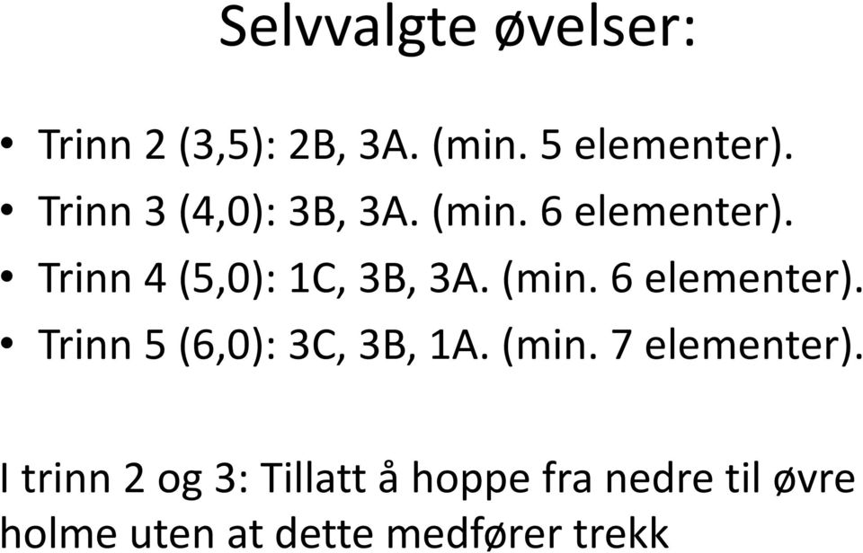 (min. 6 elementer). Trinn 5 (6,0): 3C, 3B, 1A. (min. 7 elementer).