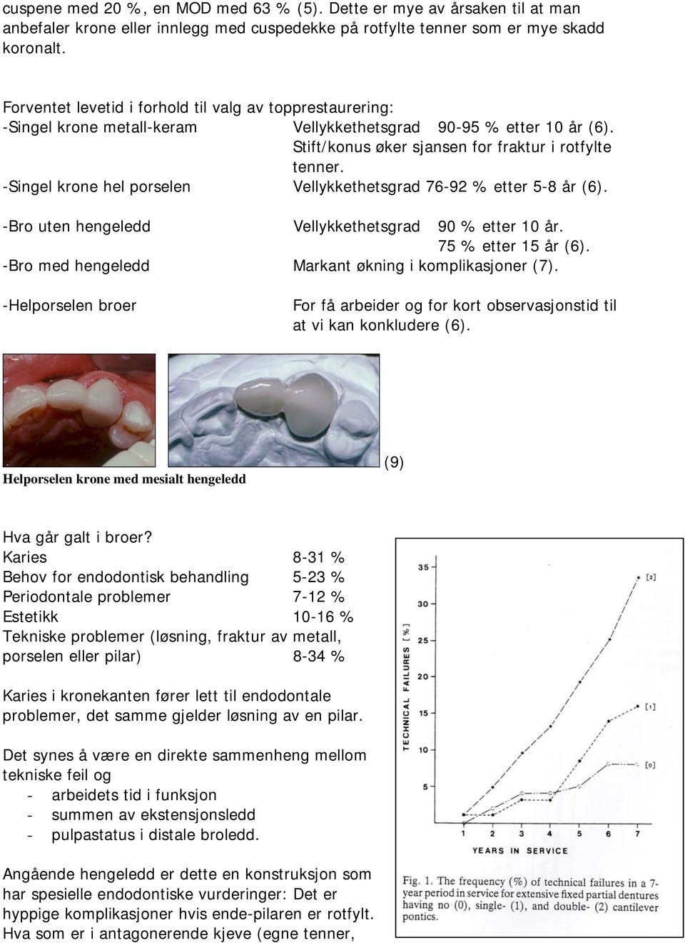 -Singel krone hel porselen Vellykkethetsgrad 76-92 % etter 5-8 år (6). -Bro uten hengeledd Vellykkethetsgrad 90 % etter 10 år. 75 % etter 15 år (6).