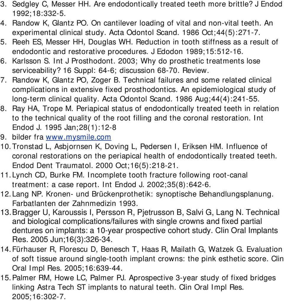 J Edodon 1989;15:512-16. 6. Karlsson S. Int J Prosthodont. 2003; Why do prosthetic treatments lose serviceability? 16 Suppl: 64-6; discussion 68-70. Review. 7. Randow K, Glantz PO, Zoger B.