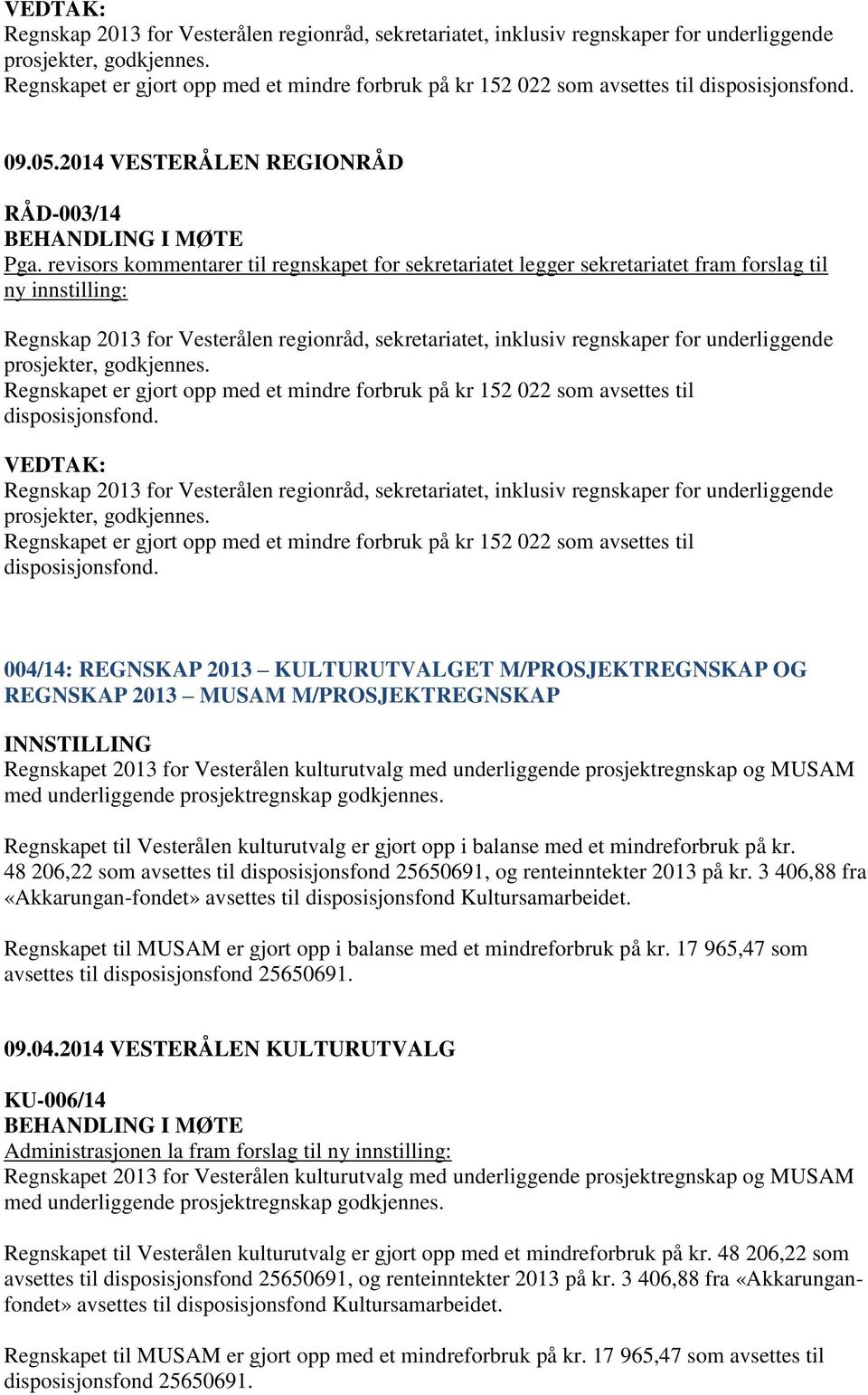 revisors kommentarer til regnskapet for sekretariatet legger sekretariatet fram forslag til ny innstilling:  Regnskapet er gjort opp med et mindre forbruk på kr 152 022 som avsettes til