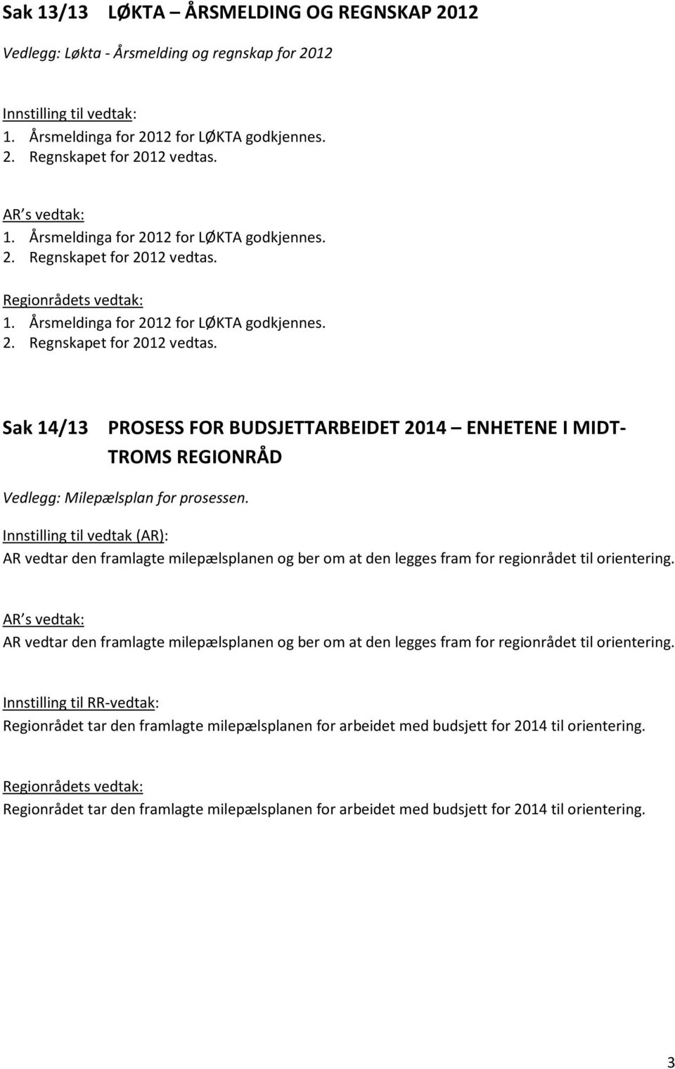 Regionrådets vedtak: 1. Årsmeldinga for 2012 for LØKTA godkjennes. 2. Regnskapet for 2012 vedtas.