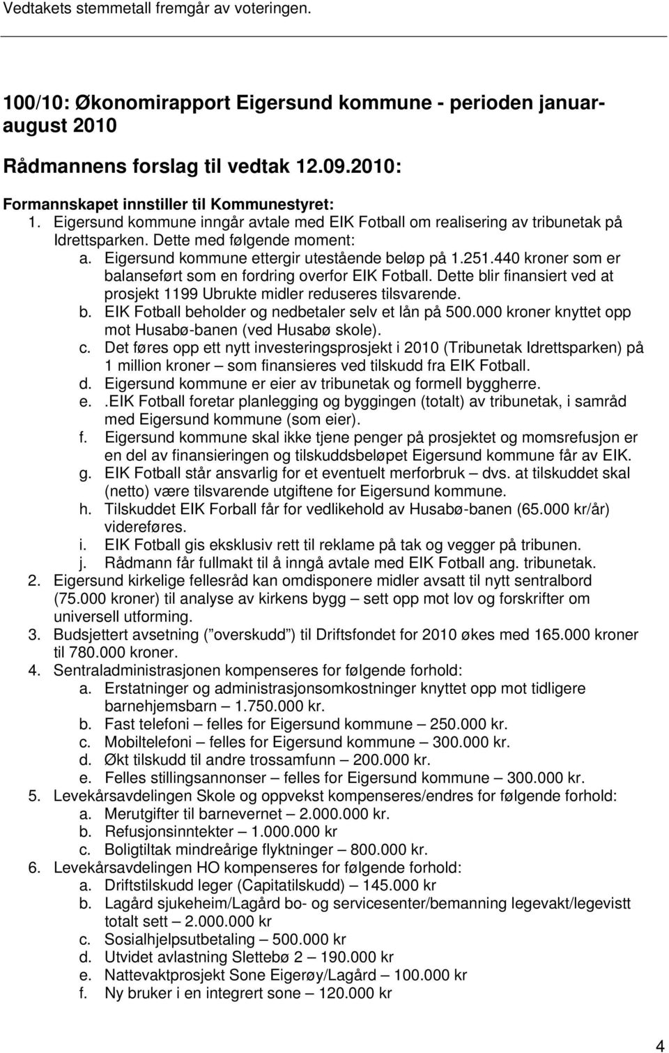 Eigersund kommune ettergir utestående beløp på 1.251.440 kroner som er balanseført som en fordring overfor EIK Fotball. Dette blir finansiert ved at prosjekt 1199 Ubrukte midler reduseres tilsvarende.
