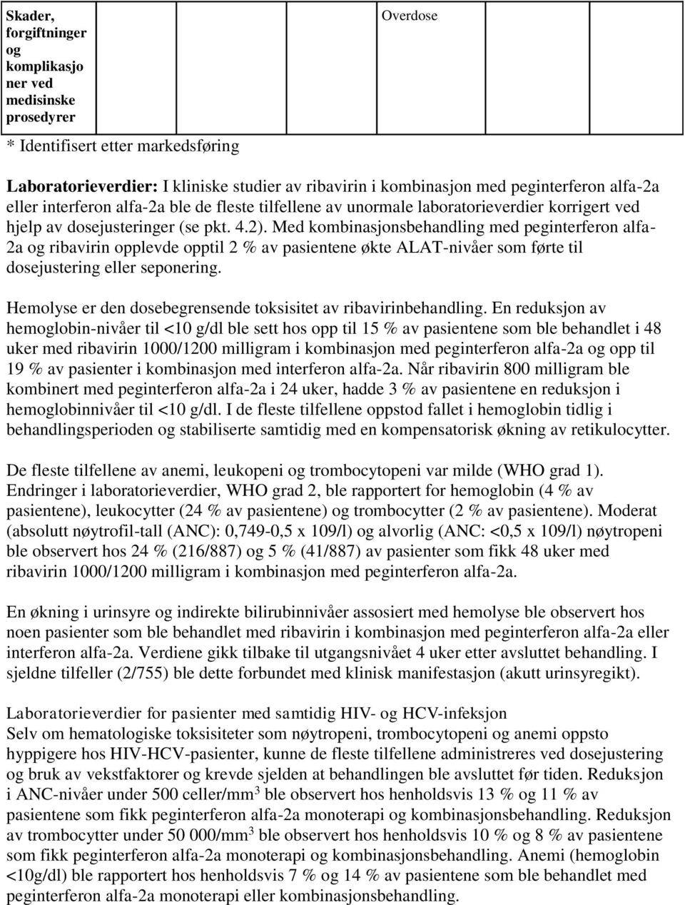 Med kombinasjonsbehandling med peginterferon alfa- 2a og ribavirin opplevde opptil 2 % av pasientene økte ALAT-nivåer som førte til dosejustering eller seponering.