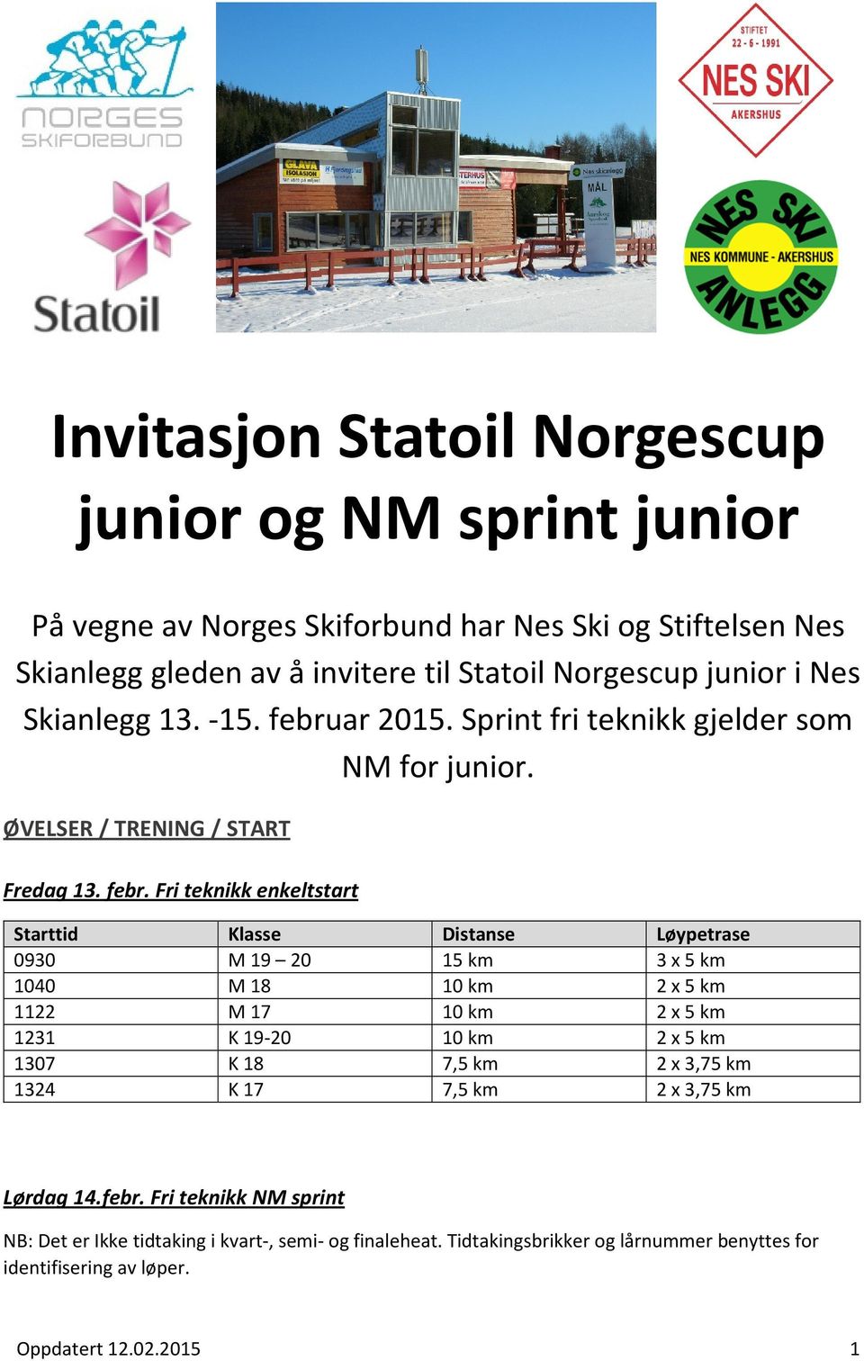 ar 2015. Sprint fri teknikk gjelder som NM for junior. ØVELSER / TRENING / START Fredag 13. febr.
