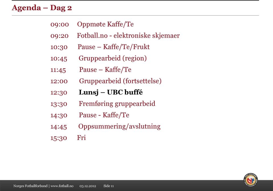 Pause Kaffe/Te 12:00 Gruppearbeid (fortsettelse) 12:30 Lunsj UBC buffé 13:30 Fremføring