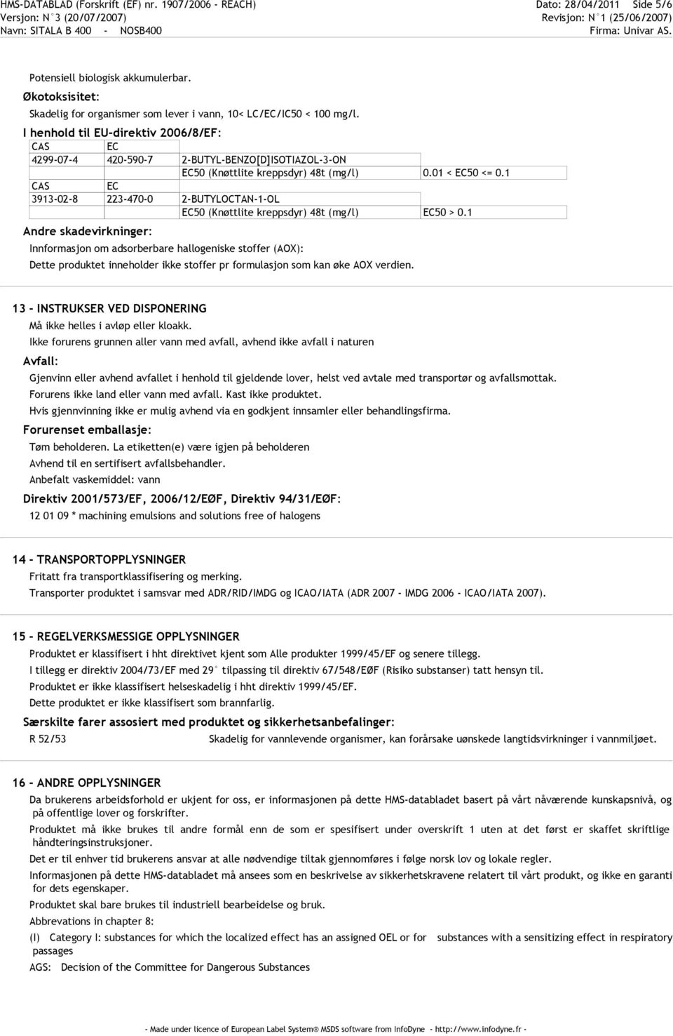 1 CAS EC 3913-02-8 223-470-0 2-BUTYLOCTAN-1-OL EC50 (Knøttlite kreppsdyr) 48t (mg/l) EC50 > 0.