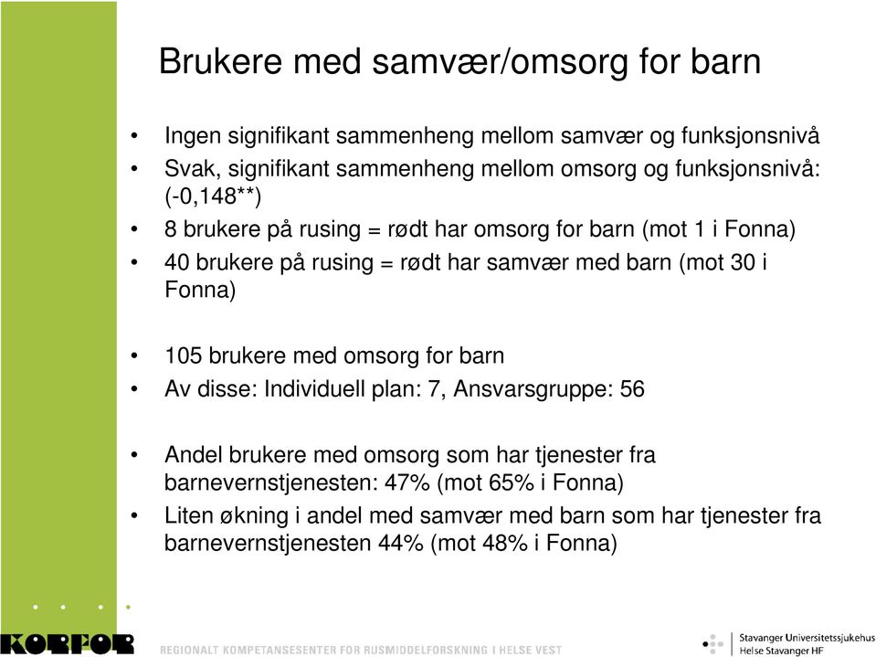 i Fonna) 15 brukere med omsorg for barn Av disse: Individuell plan: 7, Ansvarsgruppe: 56 Andel brukere med omsorg som har tjenester fra