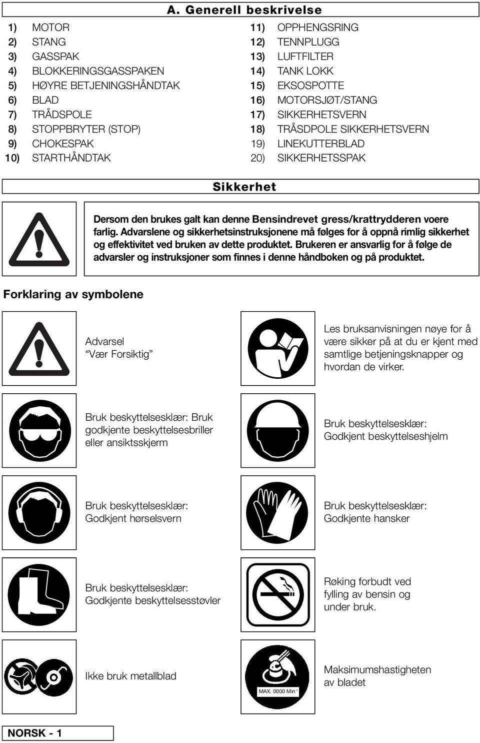 SIKKERHETSSPAK Dersom den brukes galt kan denne Bensindrevet gress/krattrydderen voere farlig.