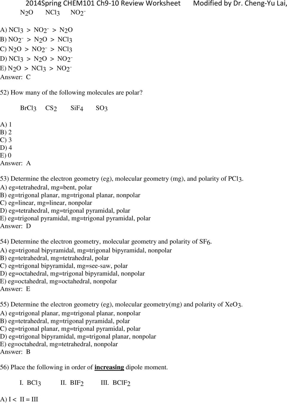 eg=tetrahedral, mg=bent, polar eg=trigonal planar, mg=trigonal planar, nonpolar eg=linear, mg=linear, nonpolar eg=tetrahedral, mg=trigonal pyramidal, polar eg=trigonal pyramidal, mg=trigonal