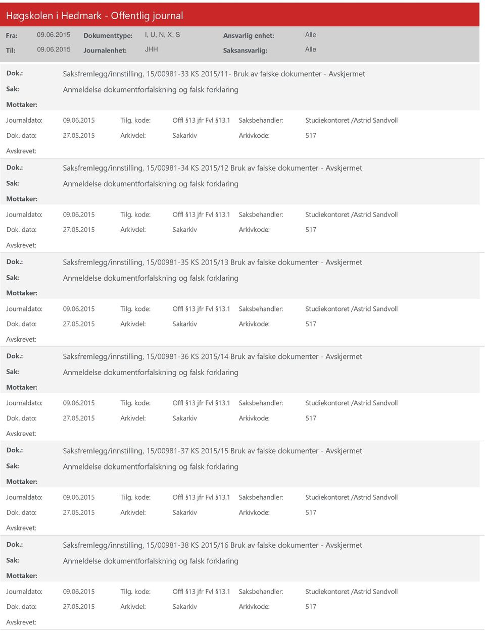 dokumenter - Saksfremlegg/innstilling, 15/00981-36 KS 2015/14 Bruk av falske dokumenter - Saksfremlegg/innstilling,