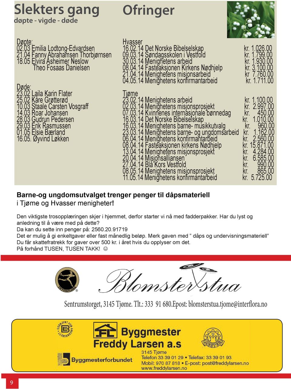 1.026.00 09.03.14 Søndagsskolen i Vestfold kr. 1.799.00 30.03.14 Menighetens arbeid kr. 1.930.00 08.04.14 Fasteaksjonen Kirkens Nødhjelp kr. 3.100.00 21.04.14 Menighetens misjonsarbeid kr 7.760.00 04.